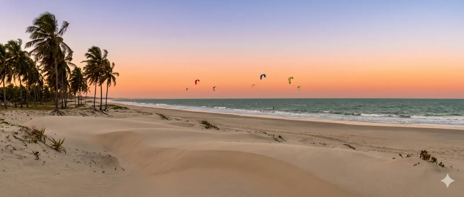 Praia de Porto das Dunas ao entardecer com kites no horizonte